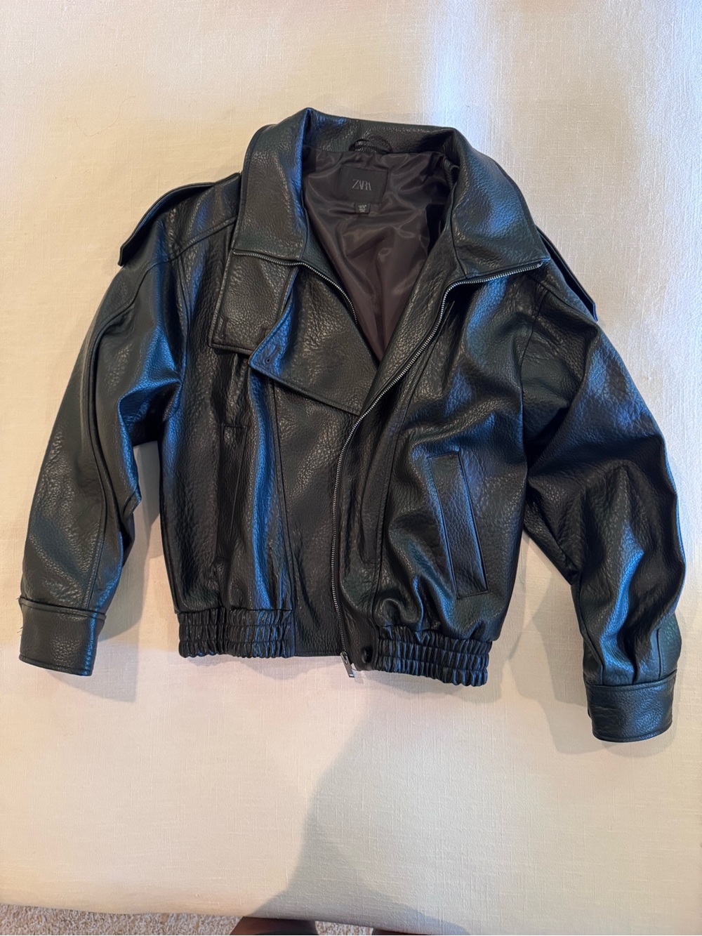 Zara Black Faux Leather Jacket with Dark Brown Lining new never worn